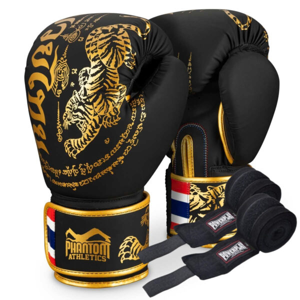 Боксерські рукавиці Phantom Muay Thai Black Gold 12 унцій (Бинти 4м. в подарунок)